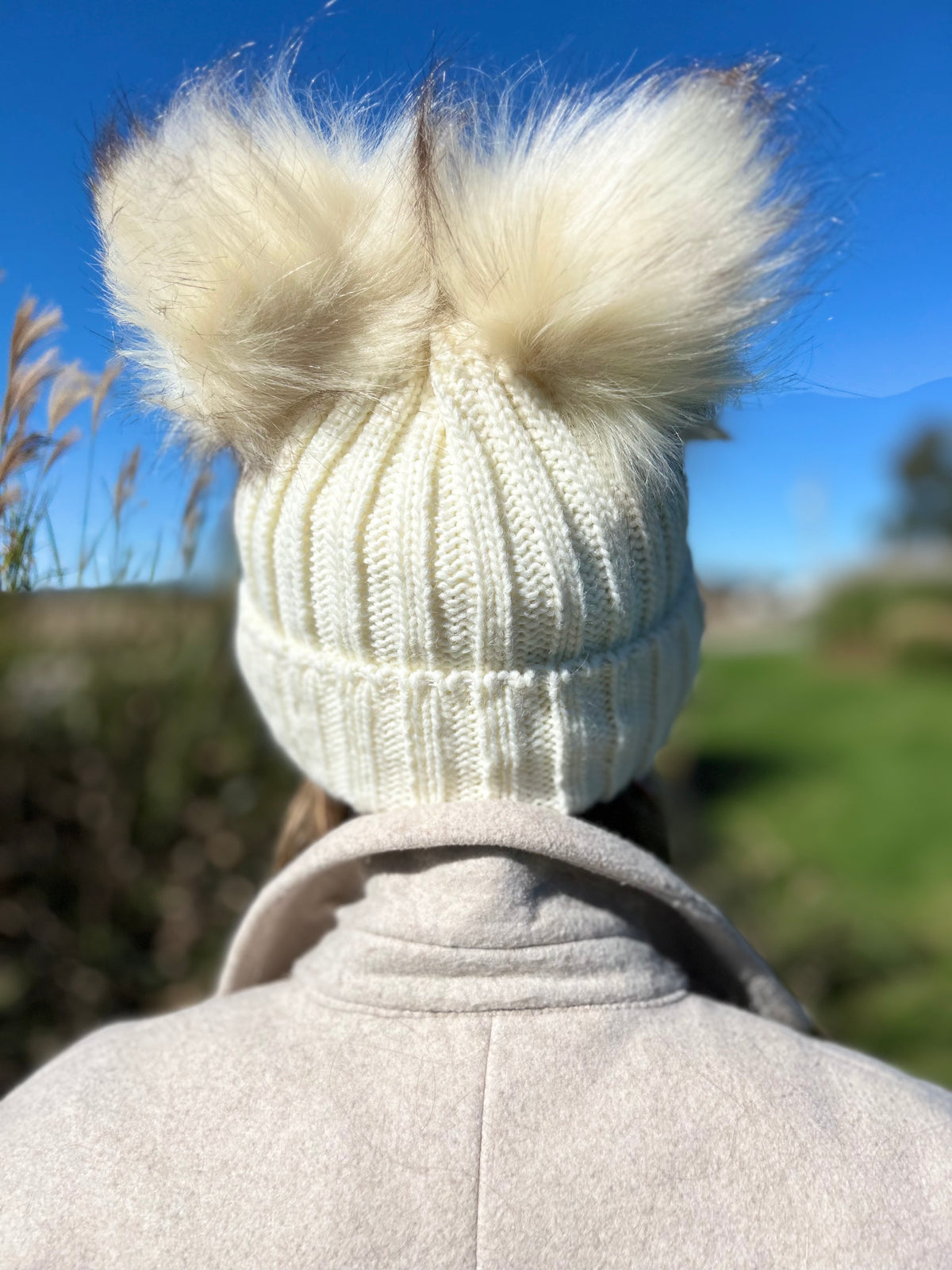 Creme Beanie with Dual Faux Fur Pom