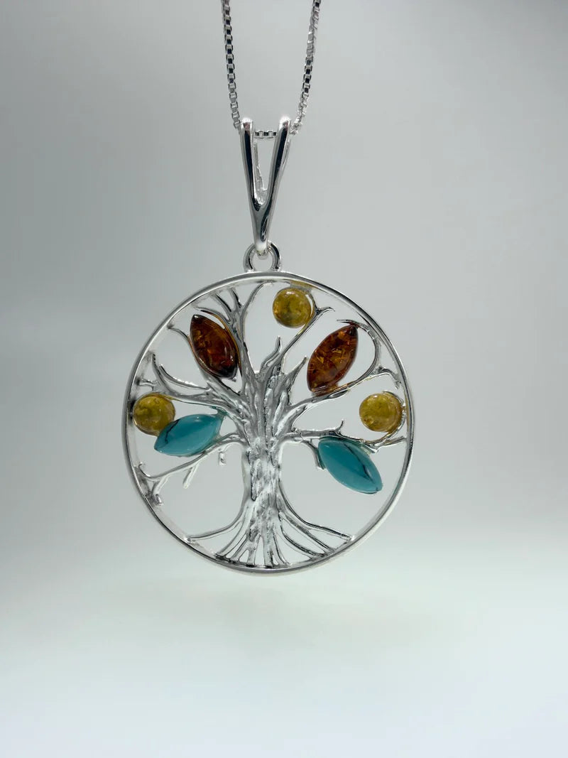 Baltic Amber and Turquoise Tree of Life Pendant on Silver Chain