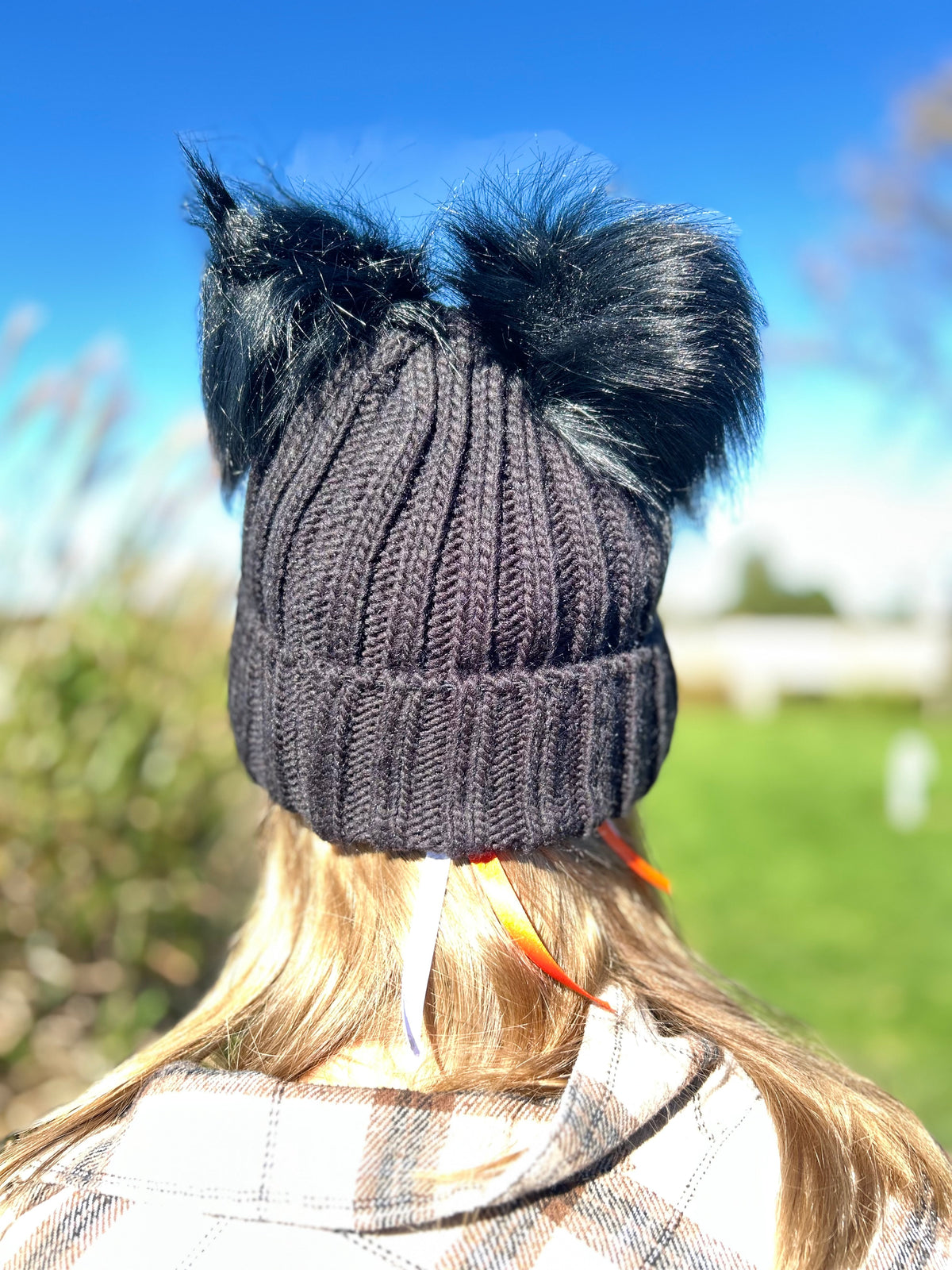 Black Beanie with Black Dual Faux Fur Pom