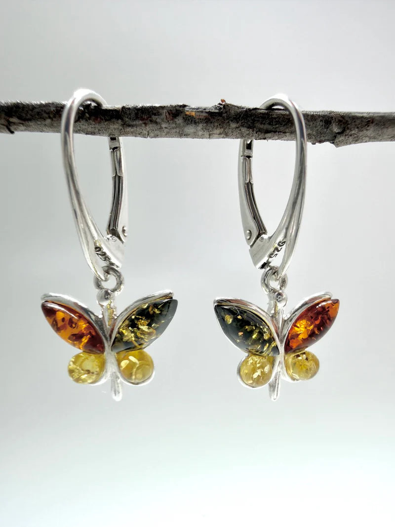 Handmade Sterling Silver Multicolor Baltic Amber Butterfly Drop Earrings - Honey,Green & Lemon
