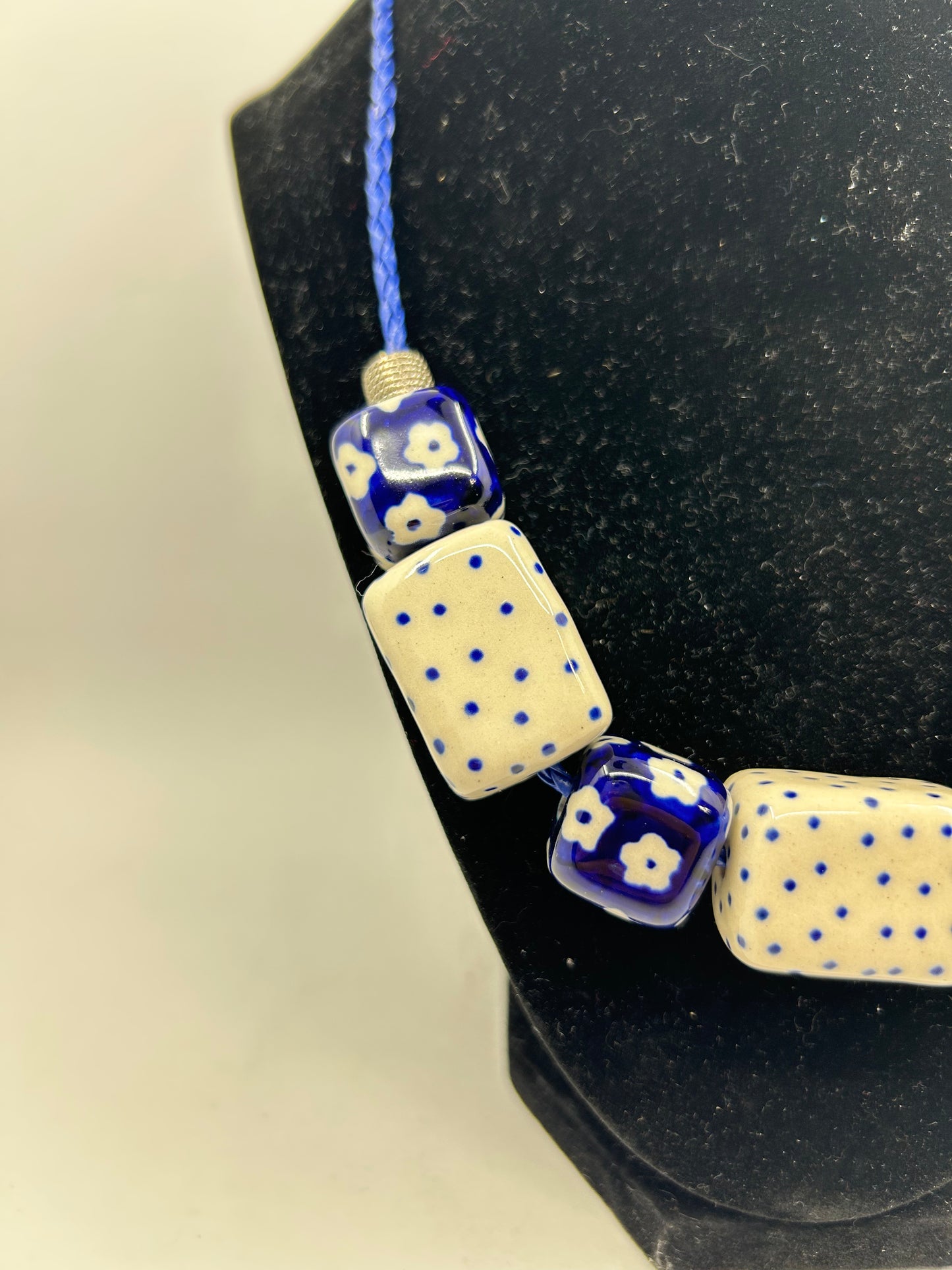 Blue Floral and White Dot Necklace #17