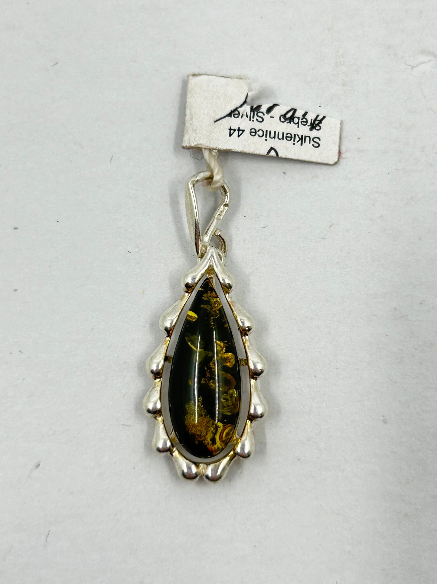 Green Small Amber Tear Drop Pendant on Sterling Silver