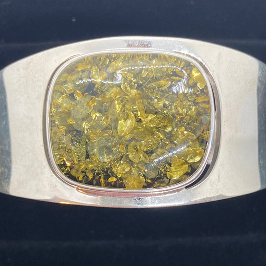Large Sterling Silver Bracelet with Large Green Amber