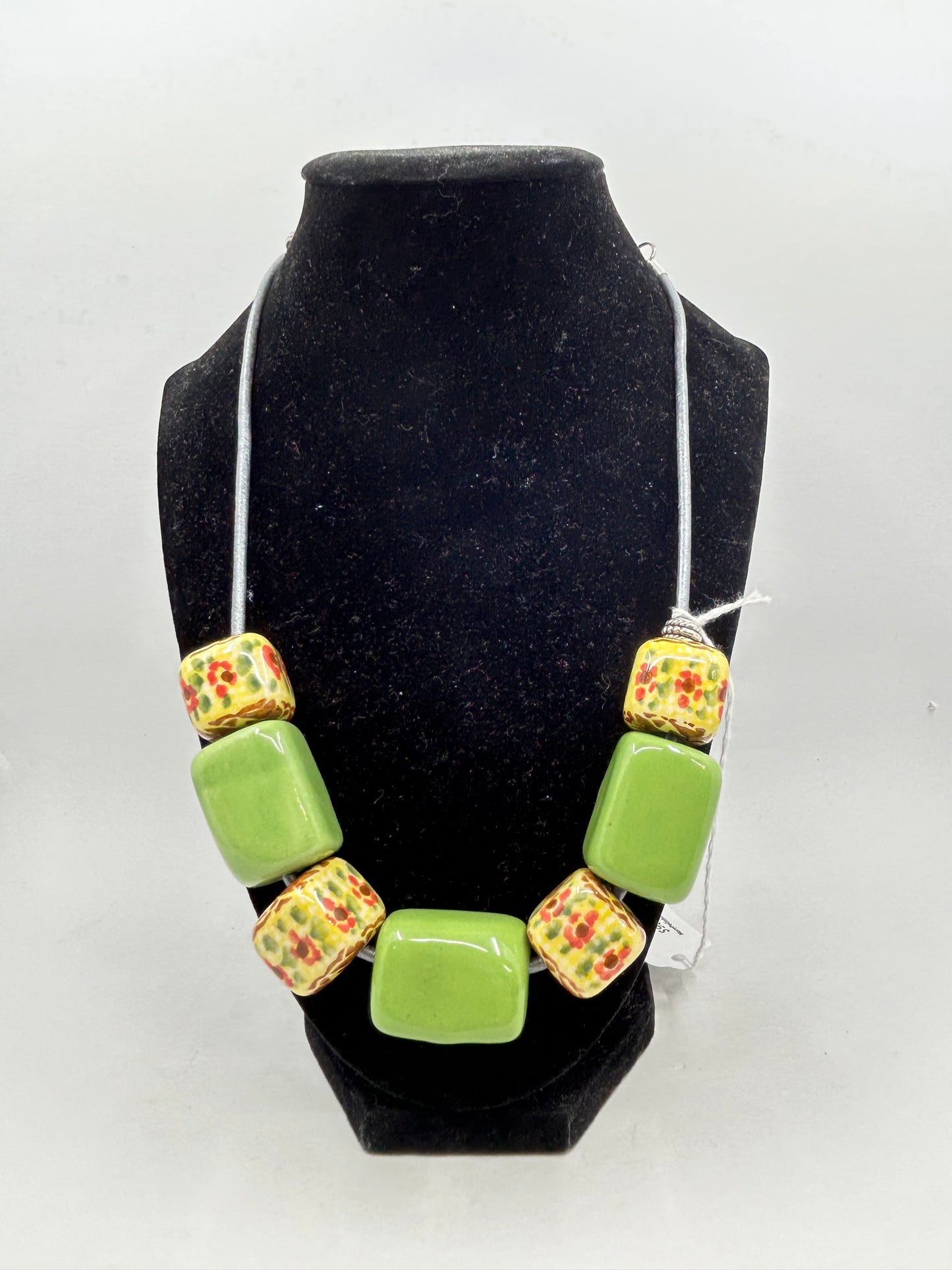 Green & Yellow Floral Square Bead Necklace #14