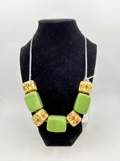 Green & Yellow Floral Square Bead Necklace #14