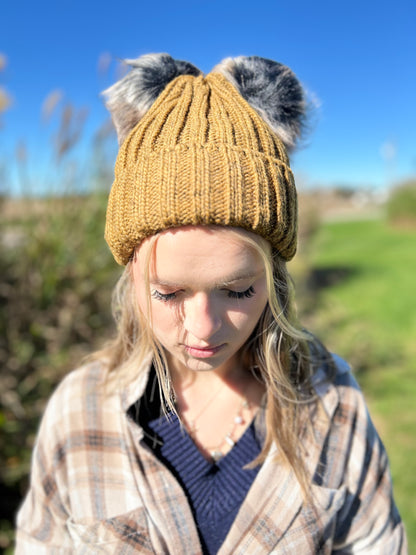 Mustard Beanie with Dual Faux Fur Pom