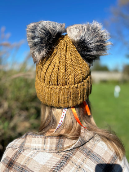 Mustard Beanie with Dual Faux Fur Pom