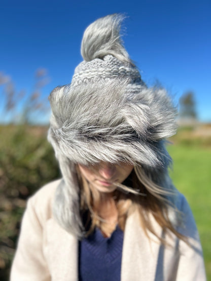 Grey Hat with Intricate Weave and Faux Fur
