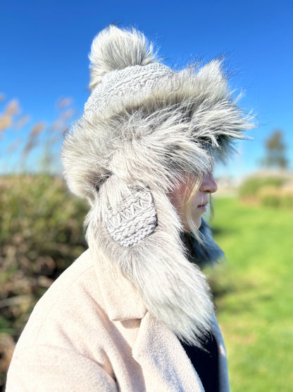 Grey Hat with Intricate Weave and Faux Fur