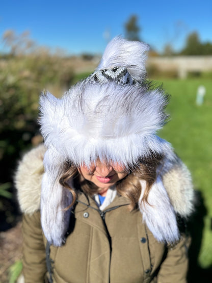 White Hat with Intricate Weave and Faux Fur