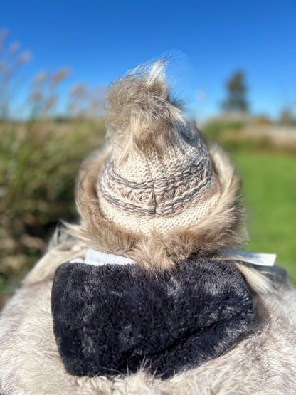 Latte Hat with Cable Weave and Faux Fur