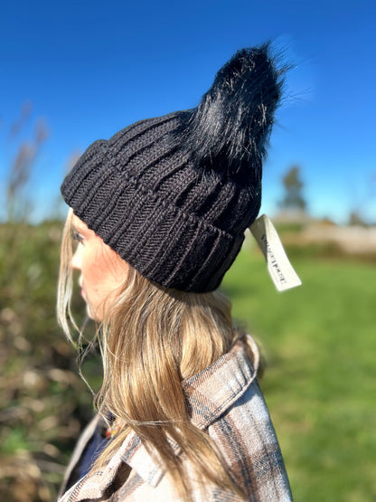 Black Beanie with Black Dual Faux Fur Pom