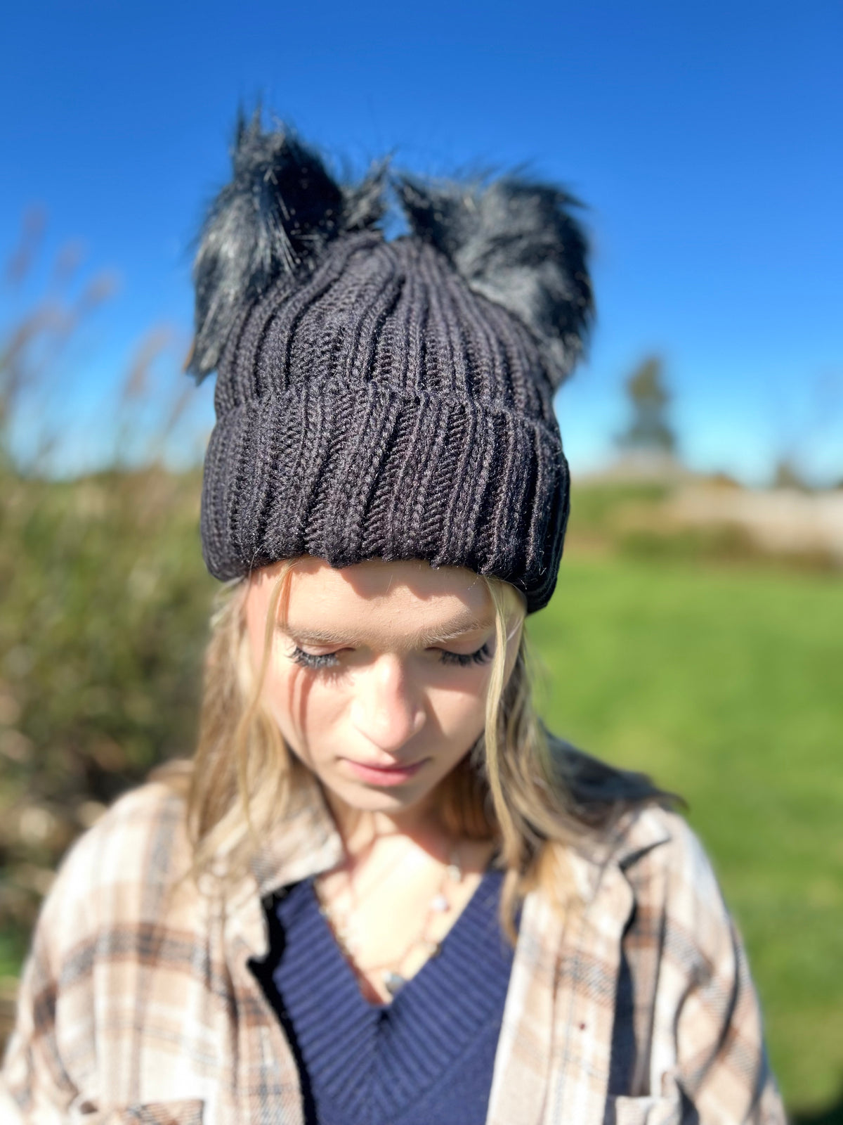 Black Beanie with Black Dual Faux Fur Pom