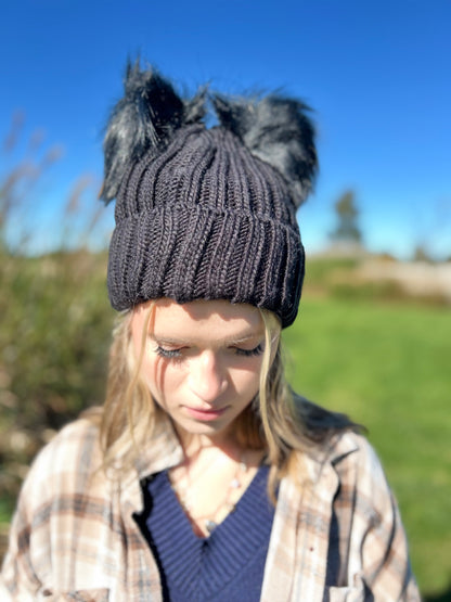 Black Beanie with Black Dual Faux Fur Pom