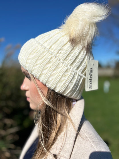Creme Beanie with Dual Faux Fur Pom