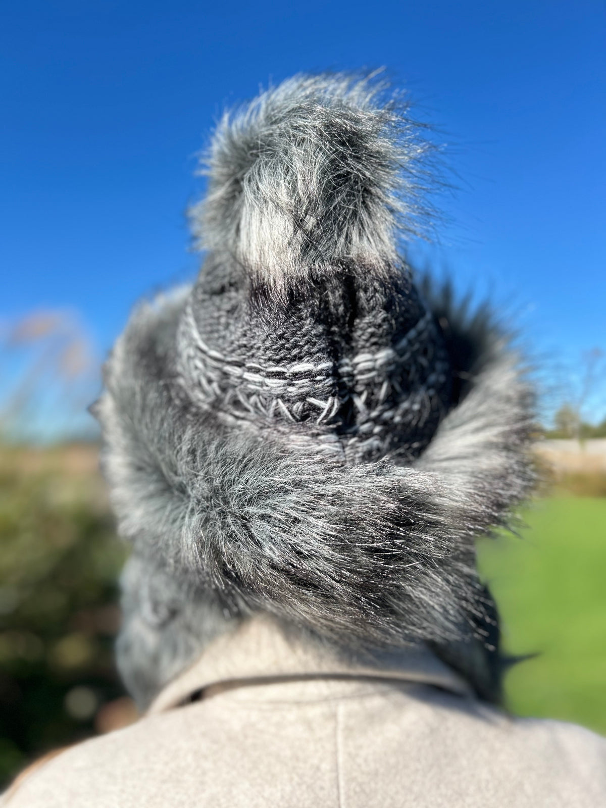 Dark Grey Hat with Intricate Weave and Faux Fur