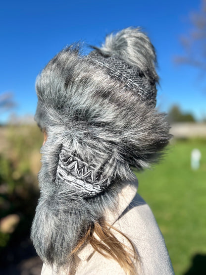 Dark Grey Hat with Intricate Weave and Faux Fur