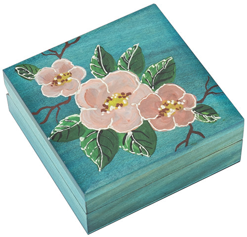 Square Box with Pink Flowers Polish Linden Wood Box