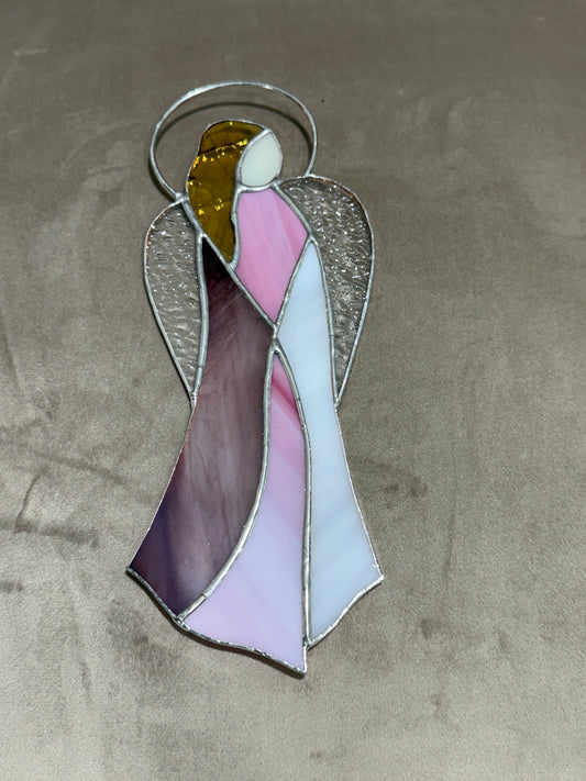 Tall Glass Prayer Angel with Pink & Purple Dress
