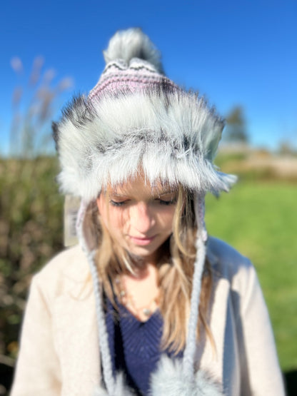 Pink/Grey Hat with Faux Fur