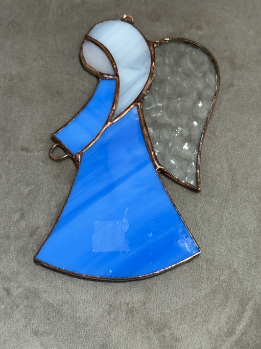 White Haired with Blue Dress Prayer Girl Glass Angel