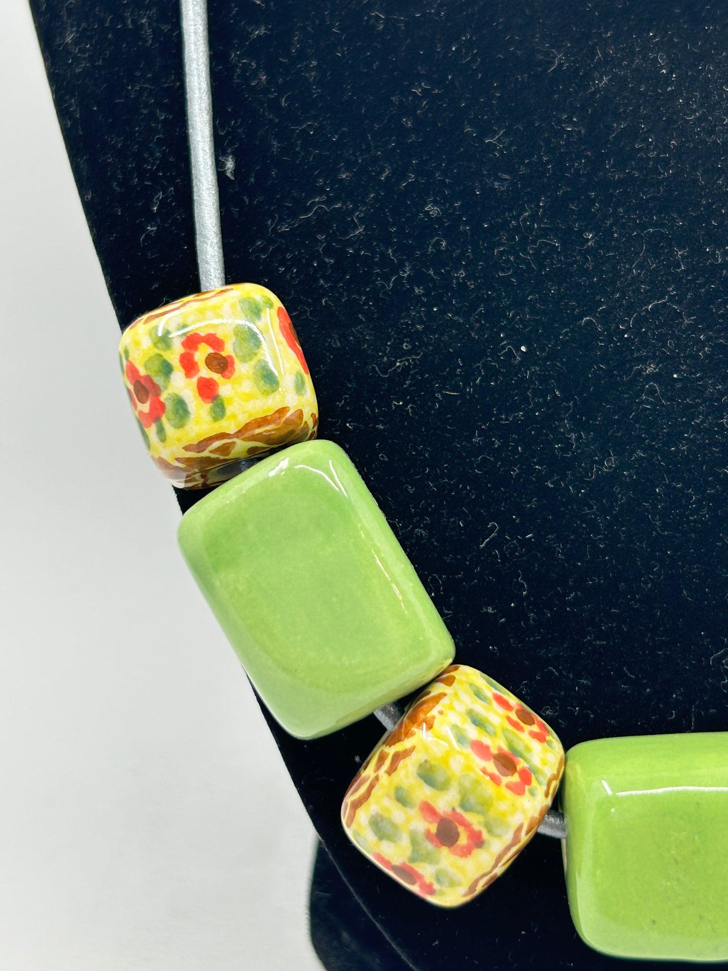 Green & Yellow Floral Square Bead Necklace #14