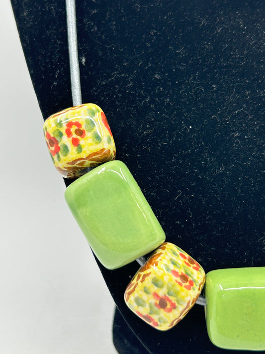 Green & Yellow Floral Square Bead Necklace #14