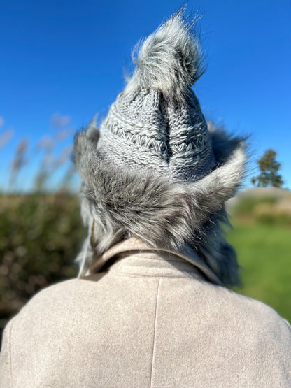 Grey Hat with Intricate Weave and Faux Fur