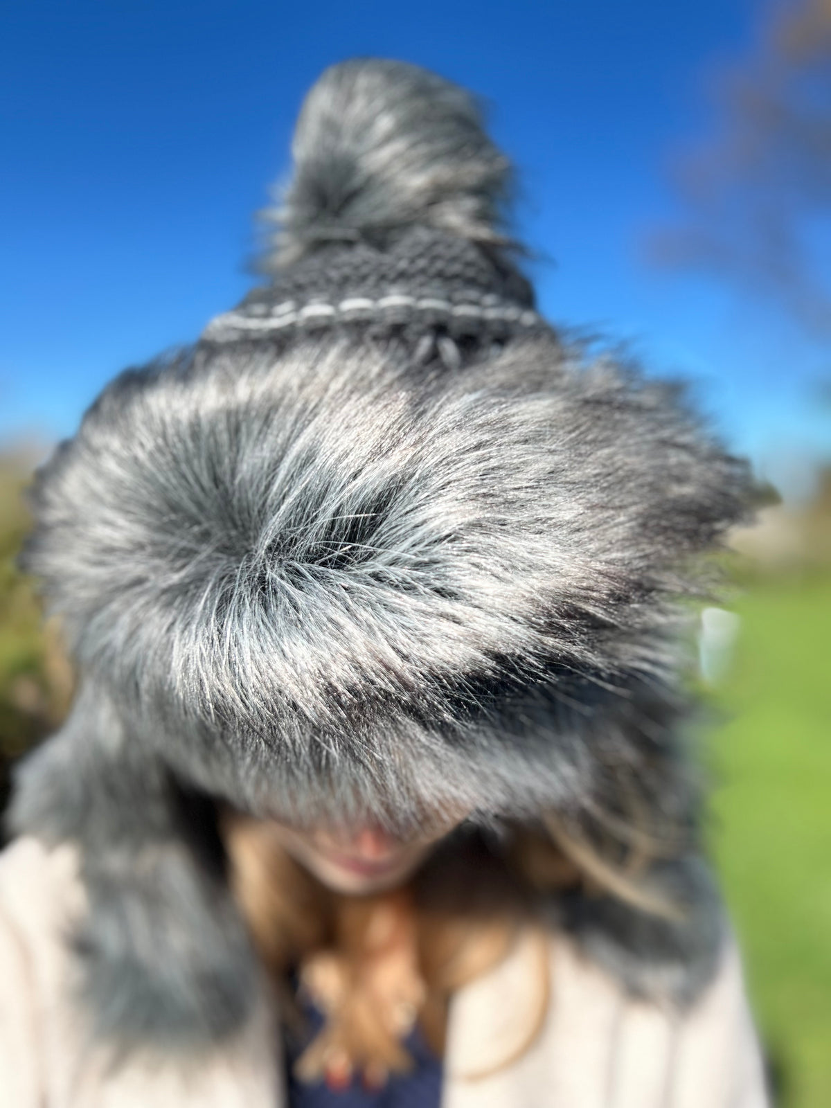 Dark Grey Hat with Intricate Weave and Faux Fur