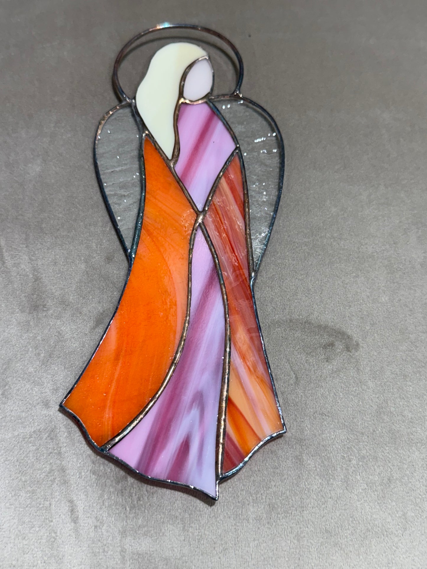 Tall Glass Prayer Angel with Pink & Orange Dress
