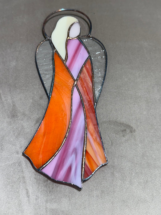 Tall Glass Prayer Angel with Pink & Orange Dress