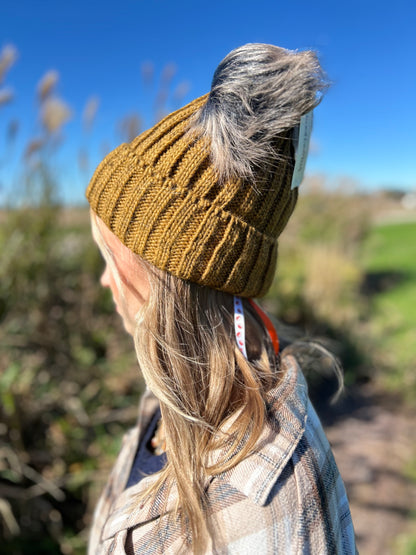 Mustard Beanie with Dual Faux Fur Pom