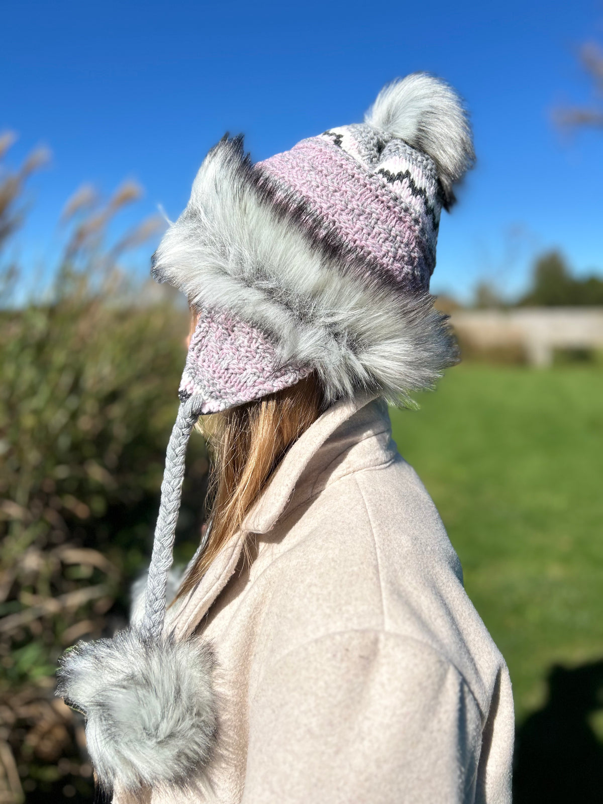 Pink/Grey Hat with Faux Fur