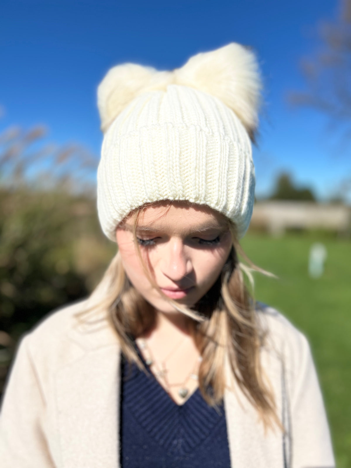 Creme Beanie with Dual Faux Fur Pom