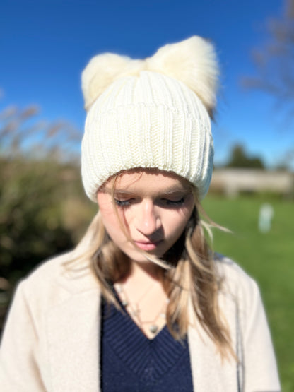 Creme Beanie with Dual Faux Fur Pom