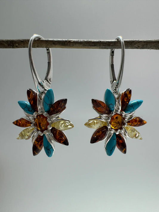 Sterling Silver Floral Dangle Earrings with Multicolor Baltic Amber and Turquoise - Leverback Closure - handmade in Poland