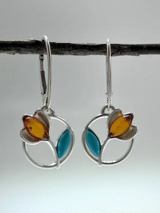 Sterling Silver Honey Amber and Turquoise Tulip Drop Lever Back Earrings | Everyday Lightweight Earrings