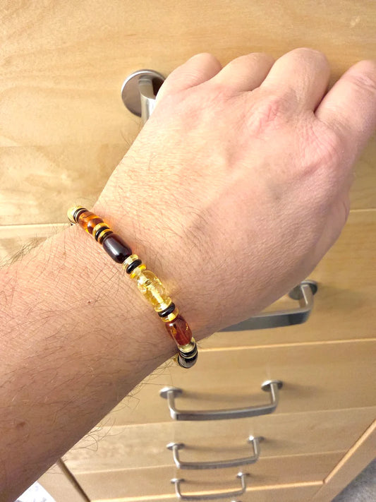 Genuine Baltic Amber Men’s or Unisex Bead Bracelet – Multicolor Cherry, Cognac & Lemon
