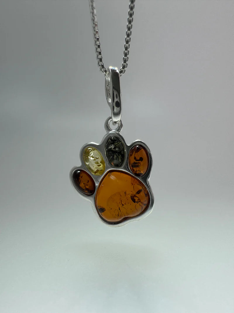 Sterling Silver Baltic Amber Dog Paw Pendant – Handmade in Poland with Honey, Lemon & Green Amber – Pet Lover Necklace