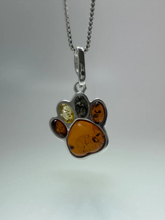 Sterling Silver Baltic Amber Dog Paw Pendant – Handmade in Poland with Honey, Lemon & Green Amber – Pet Lover Necklace