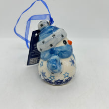 Load image into Gallery viewer, Snowman with Mittens Ornament - Blue Snowflakes