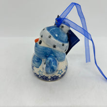 Load image into Gallery viewer, Snowman with Mittens Ornament - Blue Snowflakes