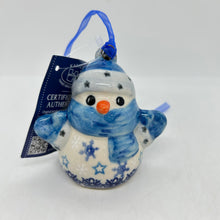 Load image into Gallery viewer, Snowman with Mittens Ornament - Blue Snowflakes