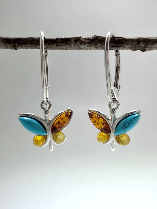 Handmade Sterling Silver Multicolor Baltic Amber Butterfly Drop Earrings - Amber/Turquise