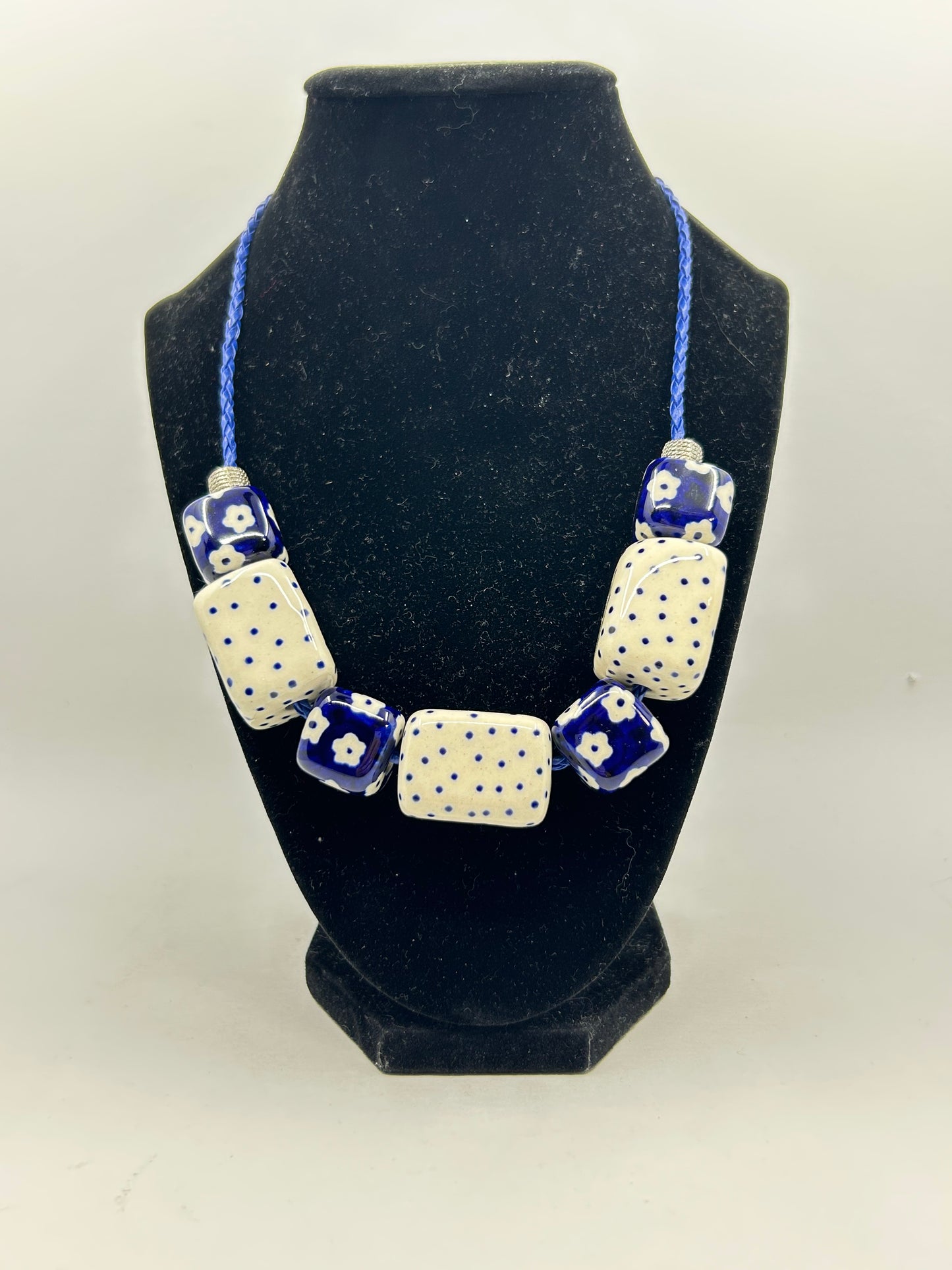 Blue Floral and White Dot Necklace #17