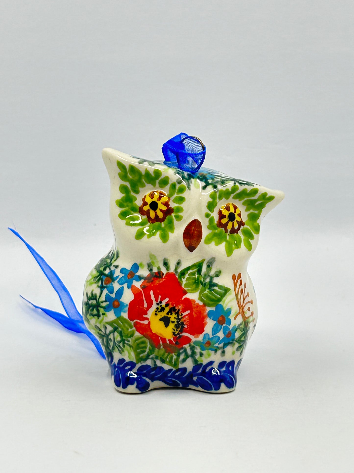 Owl Ornament - Red Blue Flower