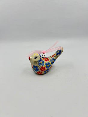 Little Hanging Bird Ornament - Red/Blue Daisy