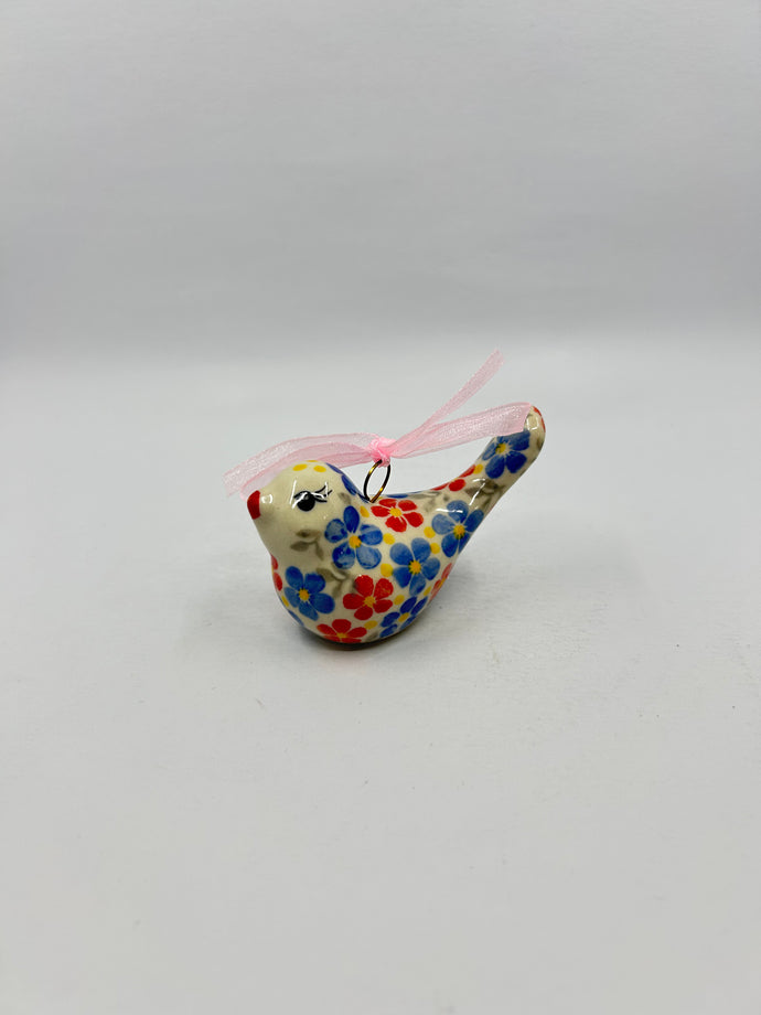 Little Hanging Bird Ornament - Red/Blue Daisy