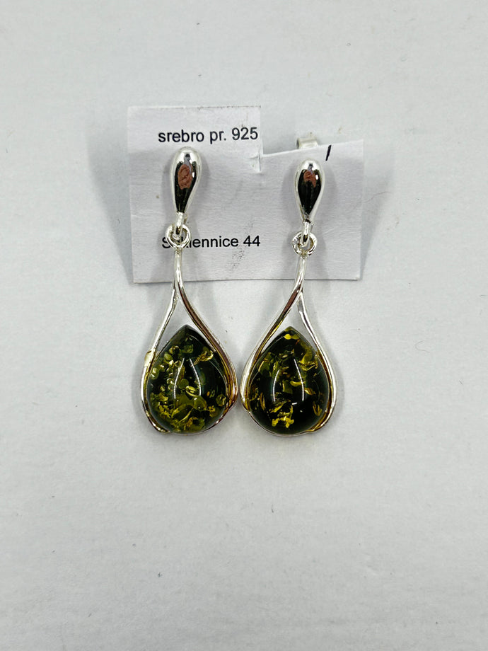 Green TearDrop Amber Stub Earrings with Sterling Silver
