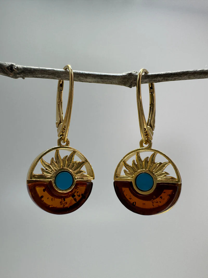 Gold Plated Sterling Silver Sunrise Leverback Earrings with Baltic Amber and Turquoise – Handmade in Poland